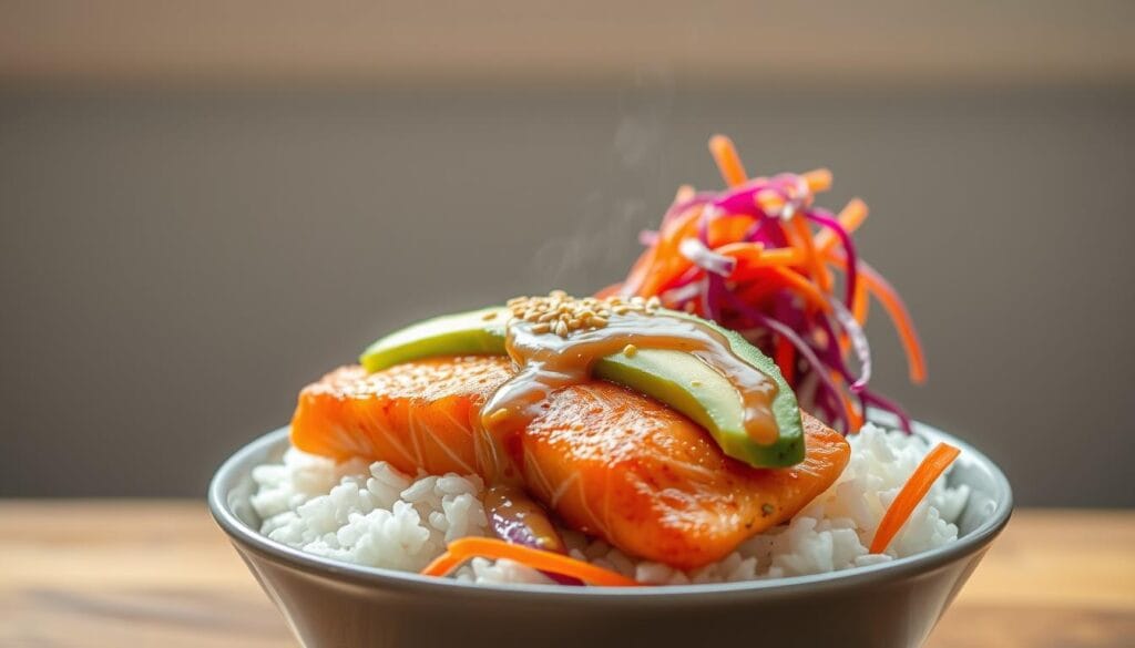 Asian salmon rice bowl
